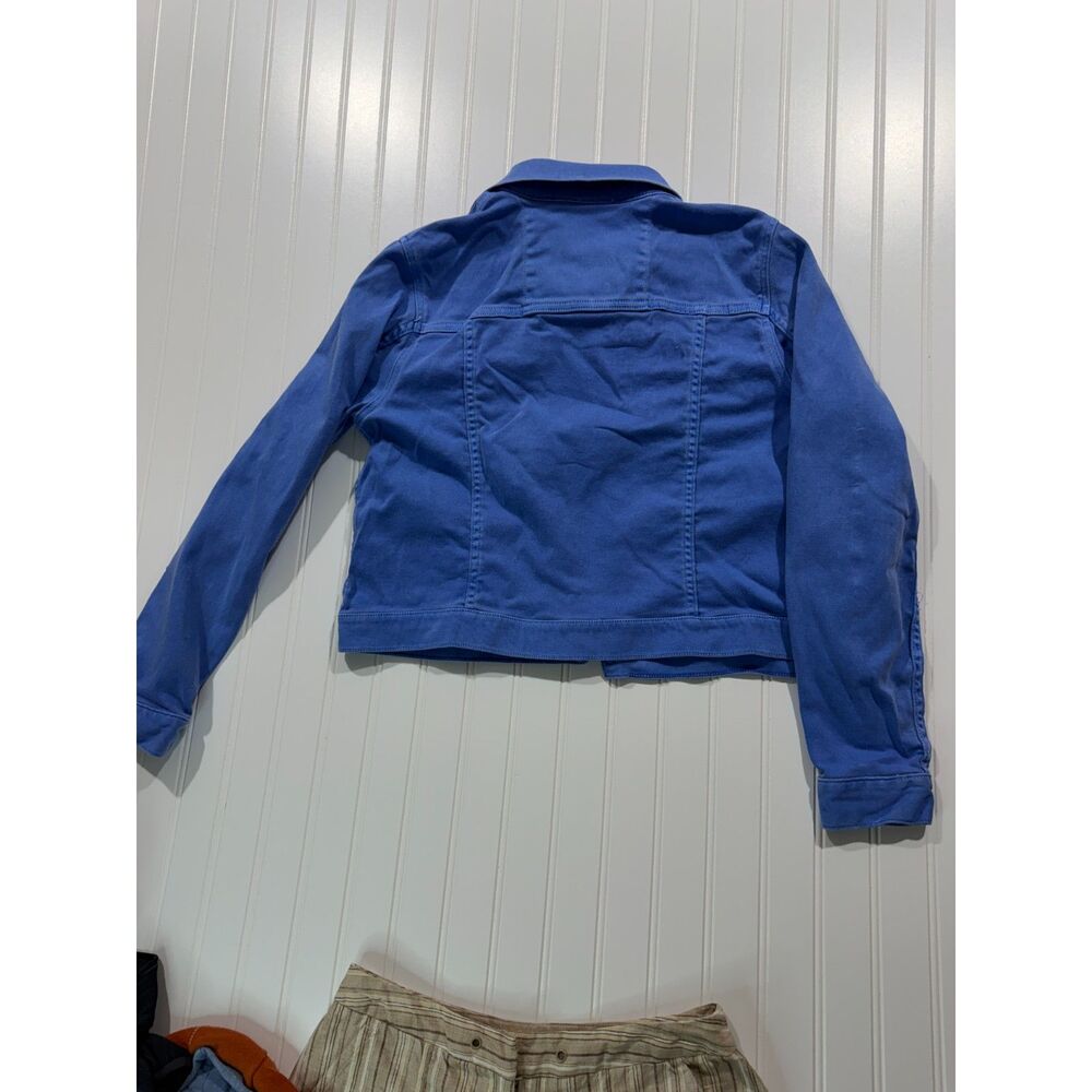 Periwinkle Blue Denim Trucker Jacket Cropped Shrunken Gold MK Logo Buttons L